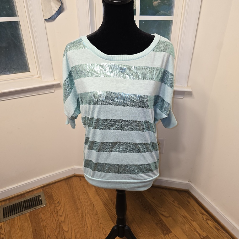 Love Rocks Sequin Striped Top Dolman Sleeve Blouse Sparkly Shirt Womens M